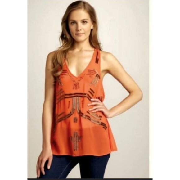 Free People Tops - FREE PEOPLE Sheer Orange Beaded Racerback Tank Top M Summer Beach